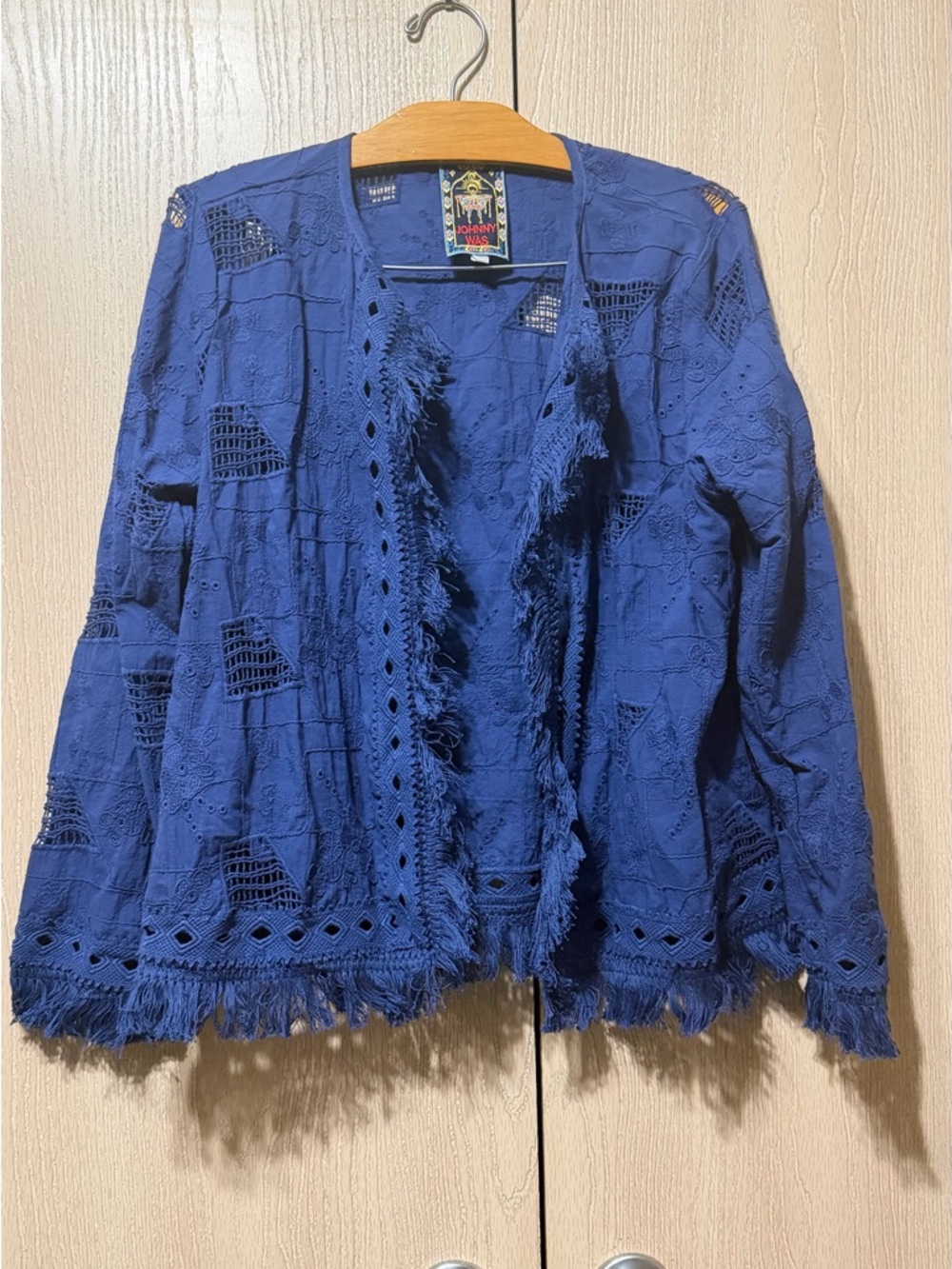 Johnny Was Blue Embroidered Jacket Boho Fringe Open Front Eyelet Size M - Picture 2 of 10